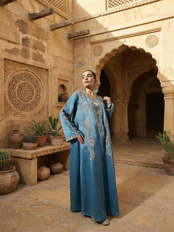 ISHIN Blue Relaxed Embroidered Abaya - Image 5